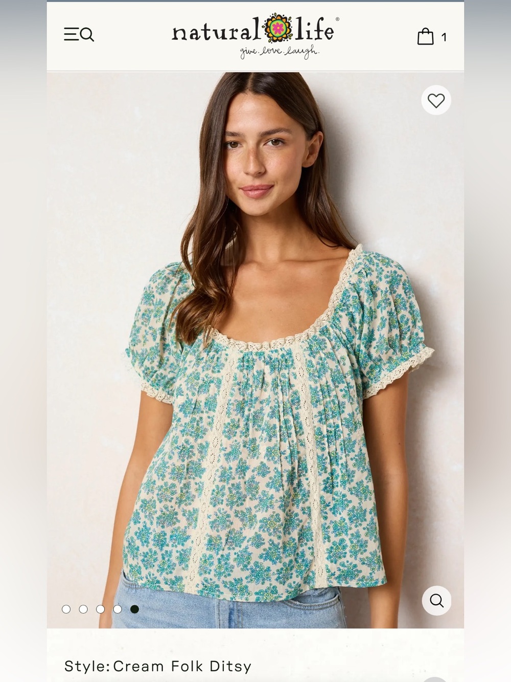NATURAL LIFE Sweet Nothings Embroidered Top Cream Folk Ditsy Puff-Sleeve Blouse - Picture 4 of 16